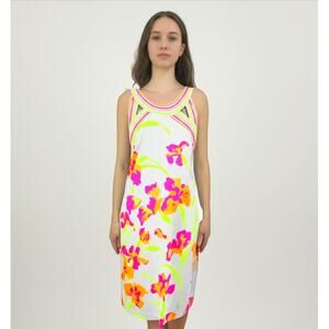 Gretchen Scott Short Sleeve Dress Small Multi-Color Floral Cut-Out‎ Neckline